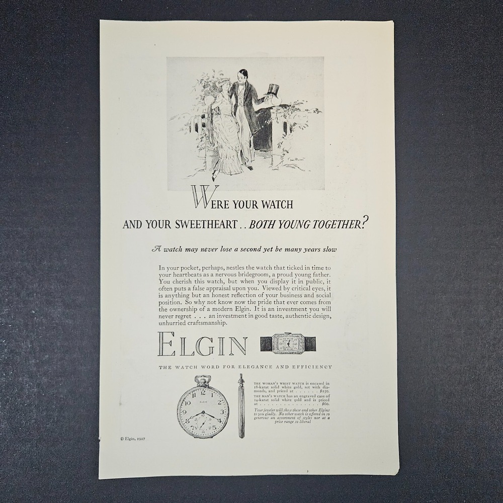 1927 Elgin Watch Vintage Print‎ Ad Young Debonair Couple Wristwatch Gentleman